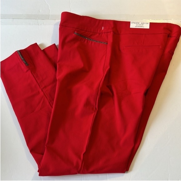 Chico’s 1.5R (10) Pants Brigitte Beaded Detail Ankle Pants Red black bling NWT - Picture 2 of 16